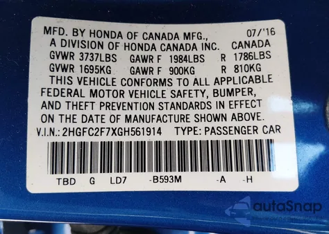 2016 Honda Civic Ex z USA, uszkodzony, nr VIN 2HGFC2F7XGH561914